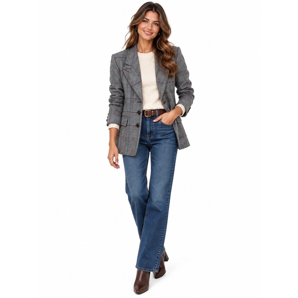 Vintage Sweet Suit Blazer Women 8P Grey Plaid Wool Blend Classic Preppy Office